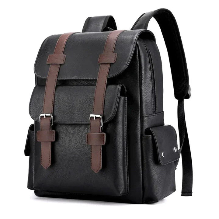 A black leather backpack with brown buckle straps, a front pocket, and side pockets. With waterproof material and padded shoulder straps, this bag offers spacious compartments while blending vintage charm with a modern design.