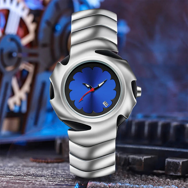 A futuristic stainless steel watch with a wavy, sculpted band and a blue face featuring a flower-shaped design, red and white hands, and a small date display, set against gears and mechanical parts. Water-resistant and scratch-resistant for daily wear.