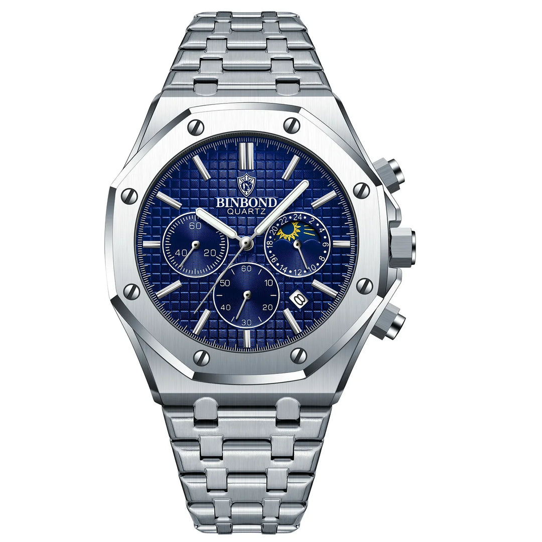 A silver stainless steel watch with a blue textured face, chronograph dials, date window, and silver hour markers. The dial features the Binbond Quartz brand for a stylish look.
