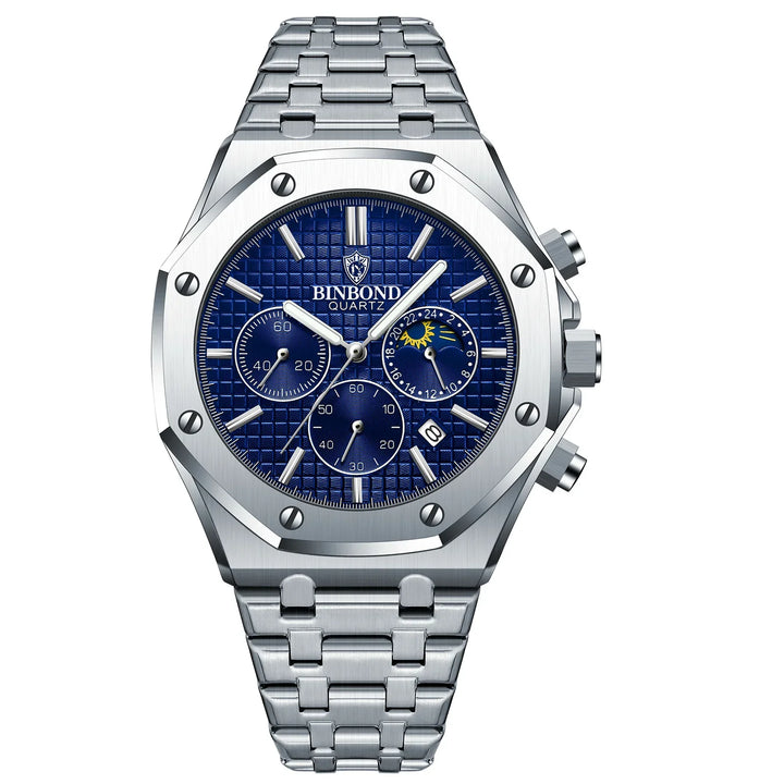 A silver stainless steel watch with a blue textured face, chronograph dials, date window, and silver hour markers. The dial features the Binbond Quartz brand for a stylish look.