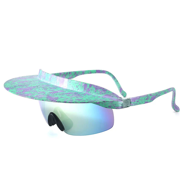 Futuristic sunglasses with a large, curved visor in a purple and green splatter pattern, featuring mirrored, polarized lenses and an attached visor that extends above the eyes for enhanced UV400 protection.