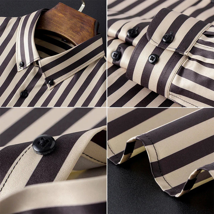 A collage of close-up shots of a Hamilton Executive Classic Fit Shirt in beige with dark brown vertical stripes, highlighting the collar, cuffs, buttons, and hem, crafted from premium fabric and displayed on a wooden hanger against a black background.