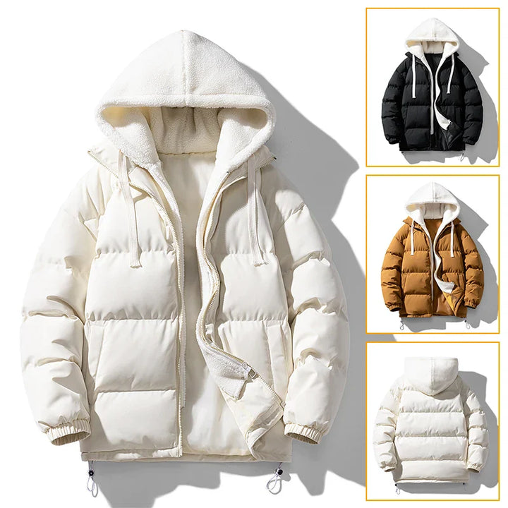 Four puffer jackets with an adjustable drawstring hood and fleece-lined interior are displayed. The main image features a cream jacket, while three smaller images show the same style in black, brown, and cream from the back.
