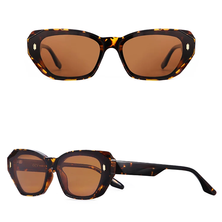 Two views of vintage-inspired sunglasses: tortoiseshell, hexagonal frames with brown lenses—one front-facing and one from the side—highlight the thick frames and sleek design.