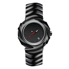 A modern black stainless steel watch with a wavy band and scalloped-edge case. The dial is black with white hour and minute hands, a red second hand, and a small date window at 5 o’clock. Scratch-resistant and water-resistant design.
