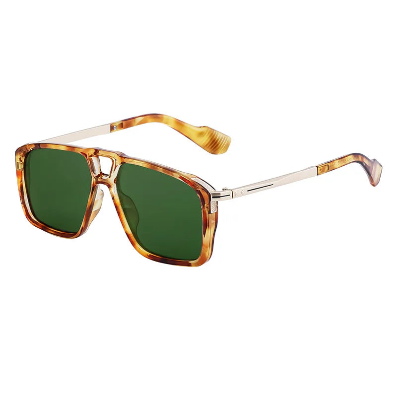Limited-edition tortoiseshell square sunglasses with green lenses and gold metal arms offer stylish UV protection, displayed on a white background.