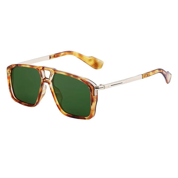 Limited-edition tortoiseshell square sunglasses with green lenses and gold metal arms offer stylish UV protection, displayed on a white background.