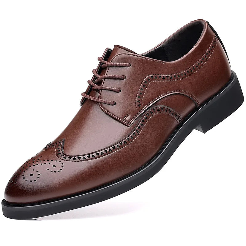 A single brown premium leather dress shoe with decorative perforations and brogue detailing, featuring a cushioned insole, closed lacing system, and black sole. The shoe is angled to show its side and front.