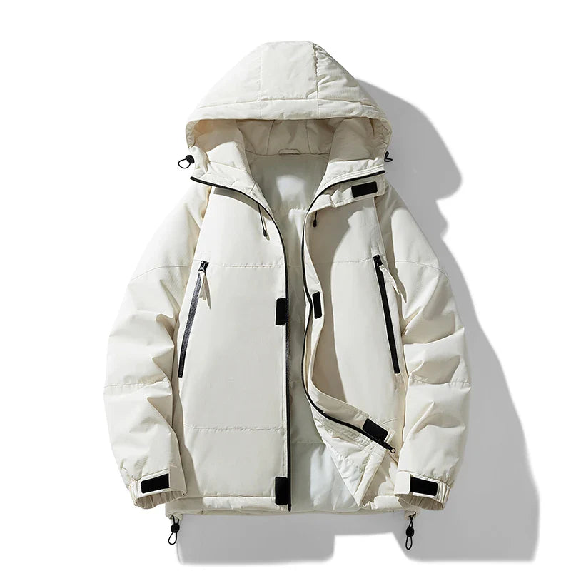 A cream-colored insulated puffer jacket with a detachable hood, black zipper pockets, adjustable cuffs, and drawstrings at the hem and hood, displayed on a white background. The jacket is partially unzipped to show the inner lining.