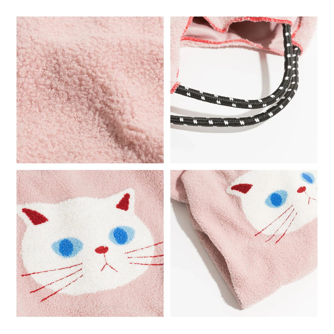 A collage of four images shows a pink animal pattern tote with a white cat face design, black and white rope handles, and close-up details of the lamb like fabric and cat embroidery.