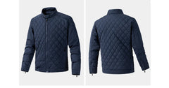 A navy blue quilted slim-fit jacket is shown from the front and back. Featuring cotton insulation, a zipper closure, stand-up collar, and diamond pattern stitching, this wind-resistant jacket offers both style and comfort.