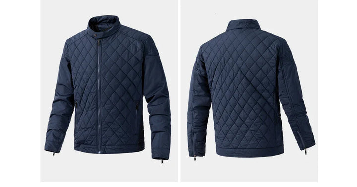 A navy blue quilted slim-fit jacket is shown from the front and back. Featuring cotton insulation, a zipper closure, stand-up collar, and diamond pattern stitching, this wind-resistant jacket offers both style and comfort.
