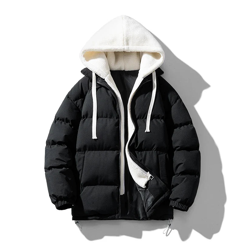 A black puffer jacket with a white, fleece-lined hood and adjustable drawstring hood. The jacket is unzipped, revealing the soft fleece-lined interior. The sleeves and body are padded for premium insulation and warmth.