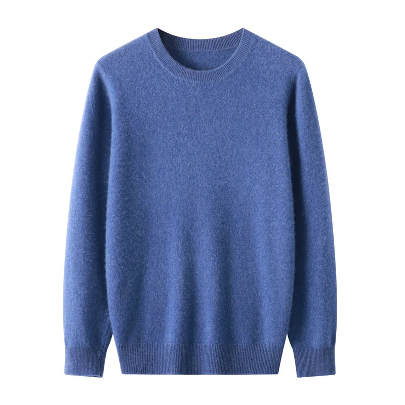 A plain, long-sleeved crewneck sweater in a solid blue color, crafted with exceptional wool craftsmanship, displayed against a white background.