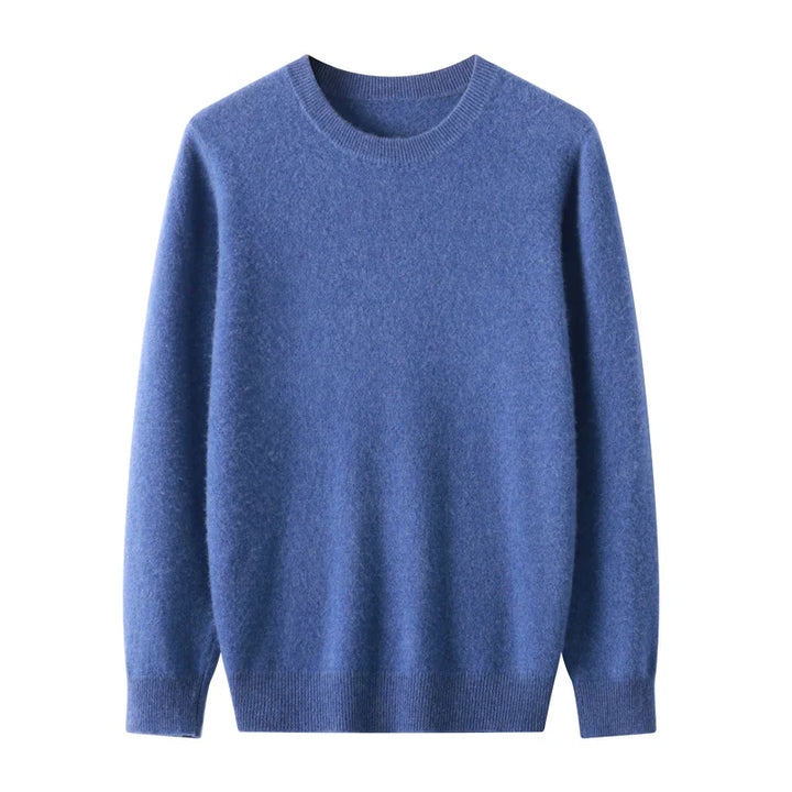 A plain, long-sleeved crewneck sweater in a solid blue color, crafted with exceptional wool craftsmanship, displayed against a white background.