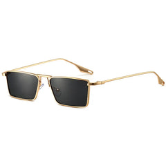 Avalon Sunglasses feature rectangular black lenses and sleek gold frames with thin temples, elegantly displayed on a white background.