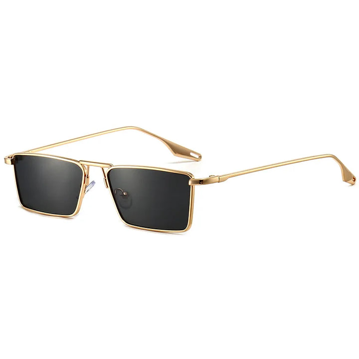 Avalon Sunglasses feature rectangular black lenses and sleek gold frames with thin temples, elegantly displayed on a white background.