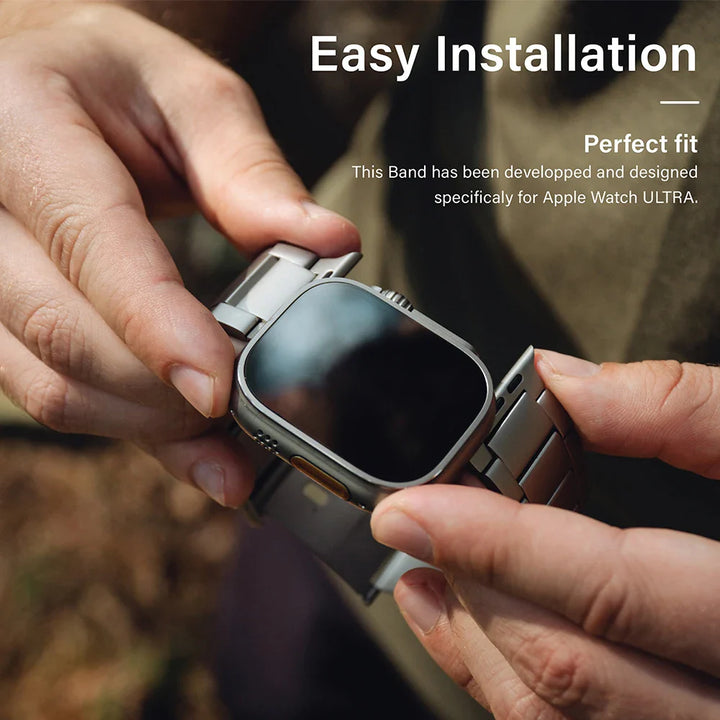 Close-up of hands holding an Apple Watch Ultra with a metal band, demonstrating easy installation. The text highlights the band’s perfect fit, lightweight durability, and specific design for the Apple Watch Ultra.