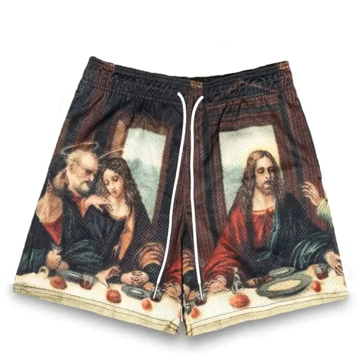 Pair of Last Supper graphic shorts featuring a printed design inspired by Leonardo da Vinci’s masterpiece. Made with breathable mesh fabric and an elastic waistband for comfort, the image covers the entire front of the shorts.