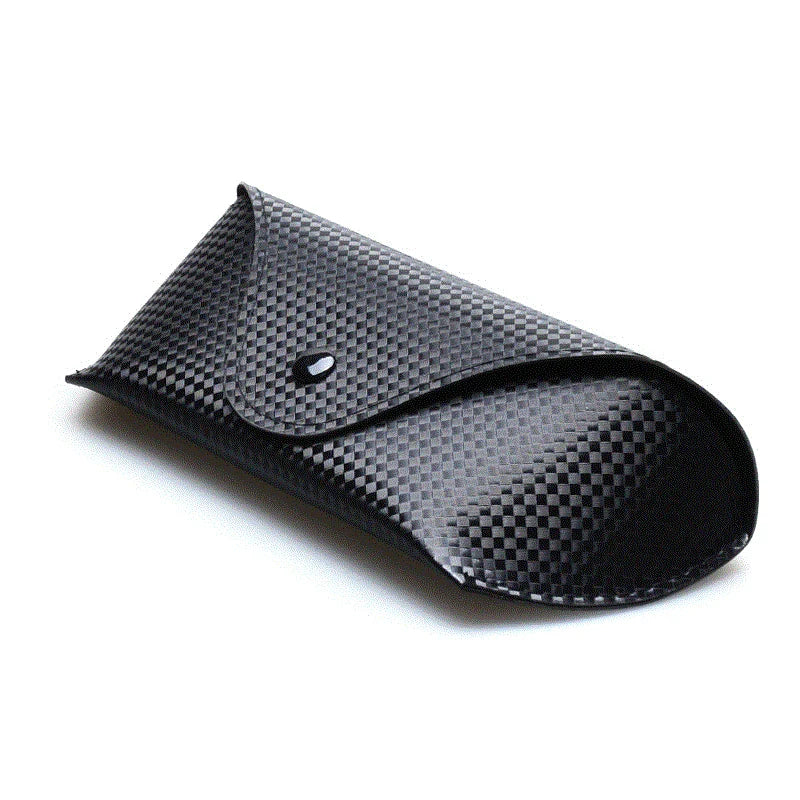 A black checkered sunglasses case made from textured vegan leather, featuring a protective design and button closure, is displayed against a white background.