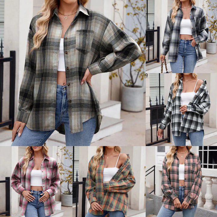 A collage of five women wearing different oversized fit plaid button-down shirts layered over white crop tops and blue jeans, posing outdoors in front of a modern building with plants.