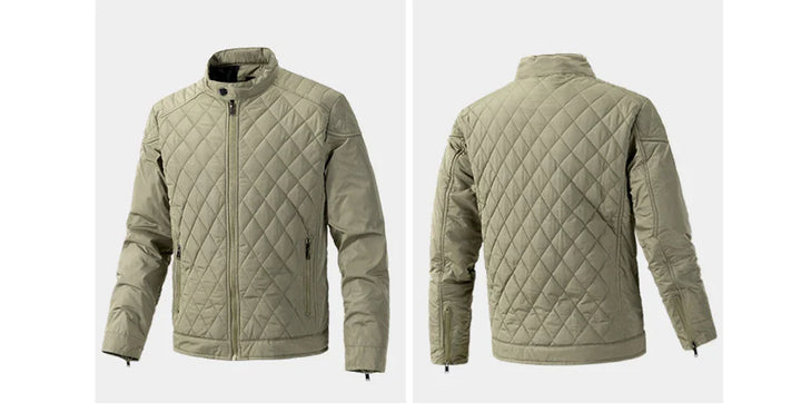 A light khaki slim-fit jacket is shown from the front and back. The quilted jacket features cotton insulation, a stand-up collar, zip-up front, zippered pockets, and a diamond stitch pattern throughout.