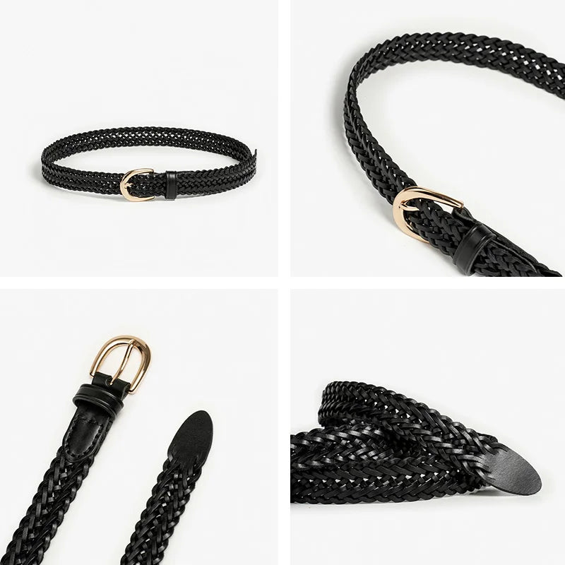 A collage of four images showing a black woven belt with a gold buckle, displayed from various angles to highlight its texture, artisanal craftsmanship, and fine details.