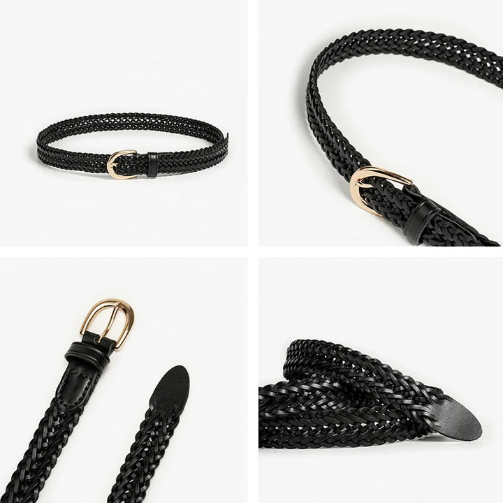 A collage of four images showing a black woven belt with a gold buckle, displayed from various angles to highlight its texture, artisanal craftsmanship, and fine details.
