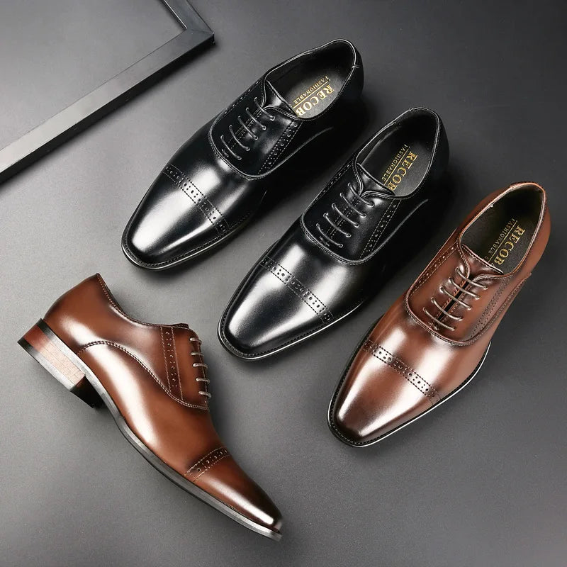 Three pairs of formal men’s dress shoes, crafted from Italian leather, are neatly arranged on a black surface; two pairs are black and one is brown. All have laces and a polished finish.