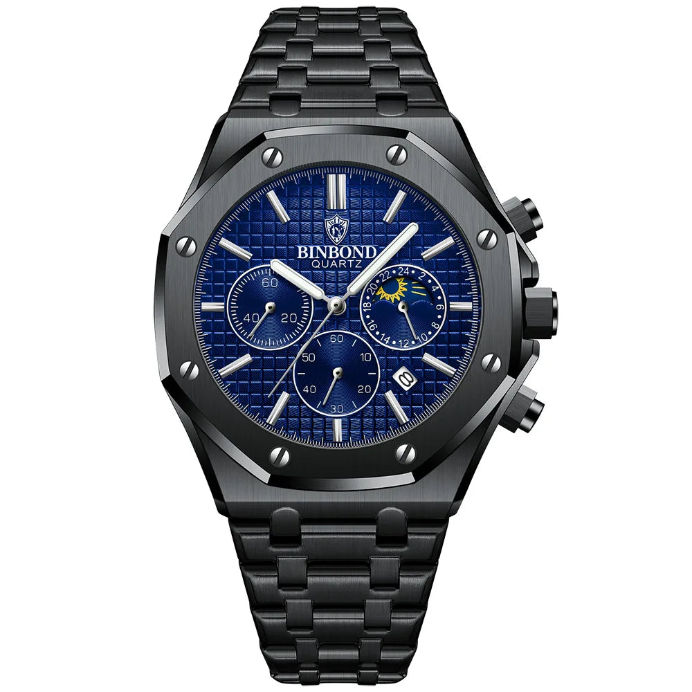 A black stainless steel watch with a blue textured face, chronograph dials, date window, and silver hour markers. Precision quartz movement powers the Binbond Quartz brand name below the 12 o’clock position.