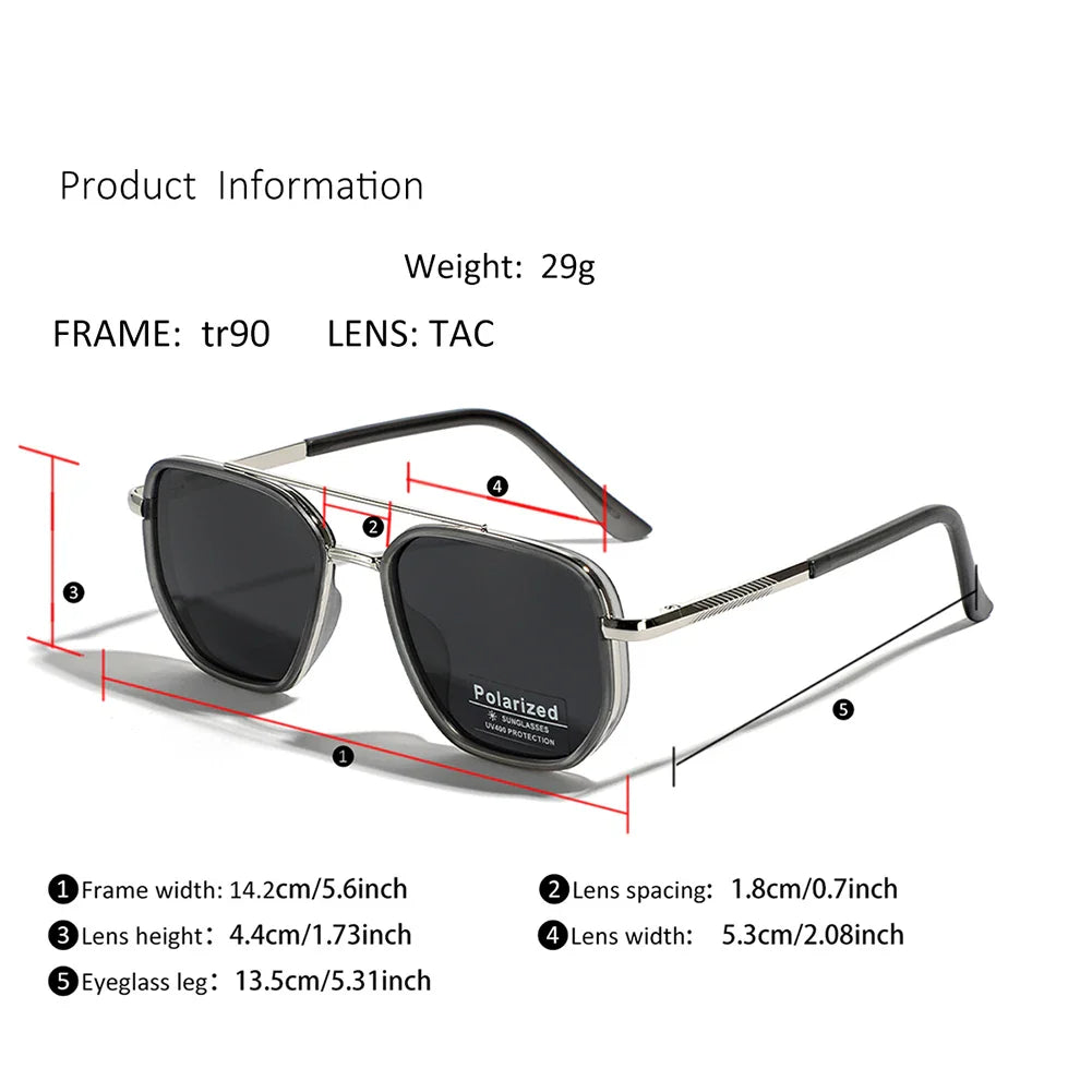A pair of black TR90 Polarized Sunglasses with UV400 protection is displayed in retro style, featuring labeled measurements for frame width (14.2cm), lens height (4.4cm), lens width (5.3cm), eyeglass leg length (13.5cm), and lens spacing (1.8cm).