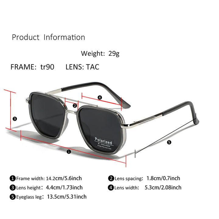 A pair of black TR90 Polarized Sunglasses with UV400 protection is displayed in retro style, featuring labeled measurements for frame width (14.2cm), lens height (4.4cm), lens width (5.3cm), eyeglass leg length (13.5cm), and lens spacing (1.8cm).