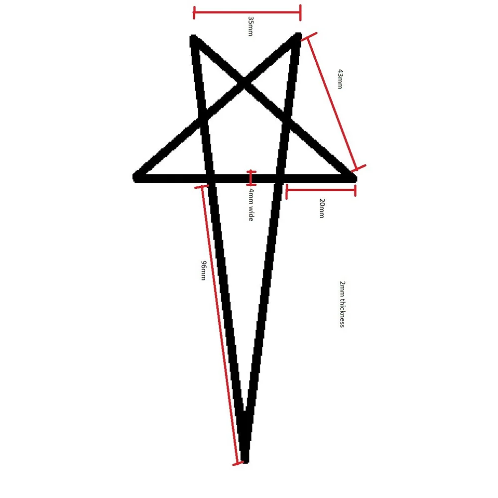 A five-pointed star outlined in thick black lines with a long vertical tail, styled as a pendant necklace. Red arrows and labels indicate various dimensions like 58mm, 43mm, 20mm, 140mm, and 2mm thickness.