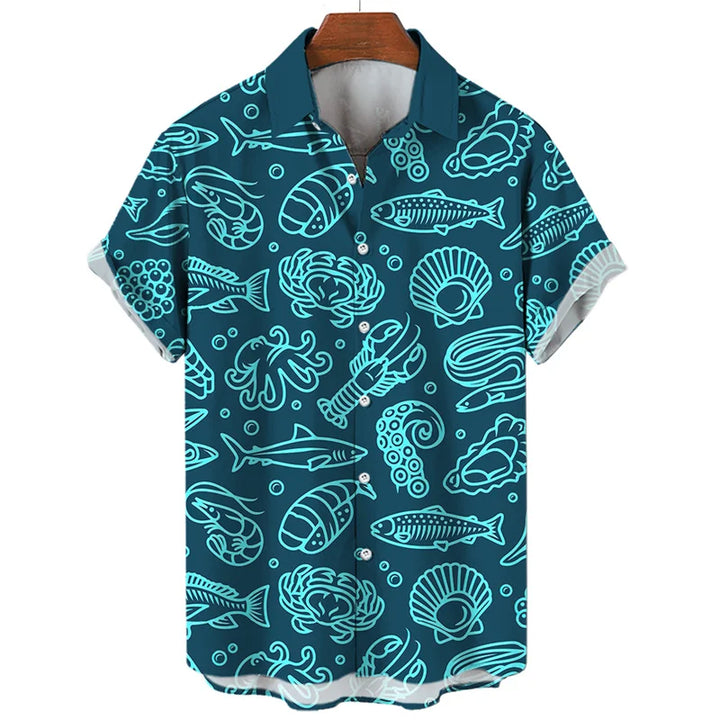 Summer-ready short-sleeve button-up shirt with a teal seafood pattern, featuring outlines of fish, crabs, octopuses, shrimp, and shells on a dark blue background.