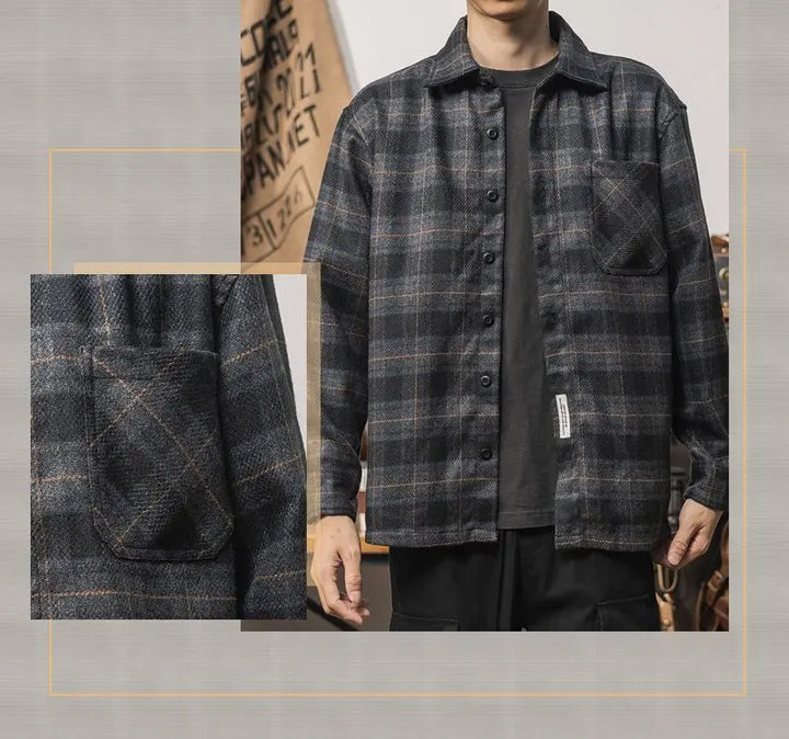 A person wearing a black and gray plaid relaxed fit button-up shirt with a chest pocket, shown standing. An inset highlights a close-up view of the shirt’s textured fabric and pocket stitching. Perfect for effortless layering.