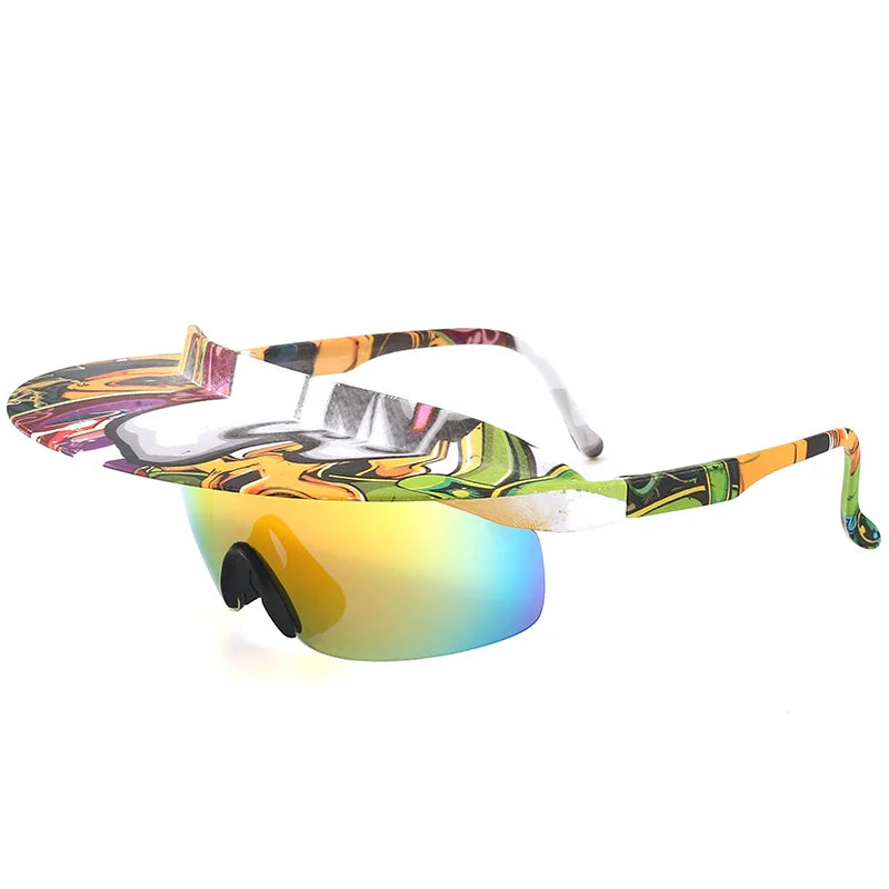 Colorful sunglasses with UV400 protection and a mirrored rainbow lens, featuring an abstract, multicolored visor across the top and arms. The adaptive design includes black nose pads for comfort.