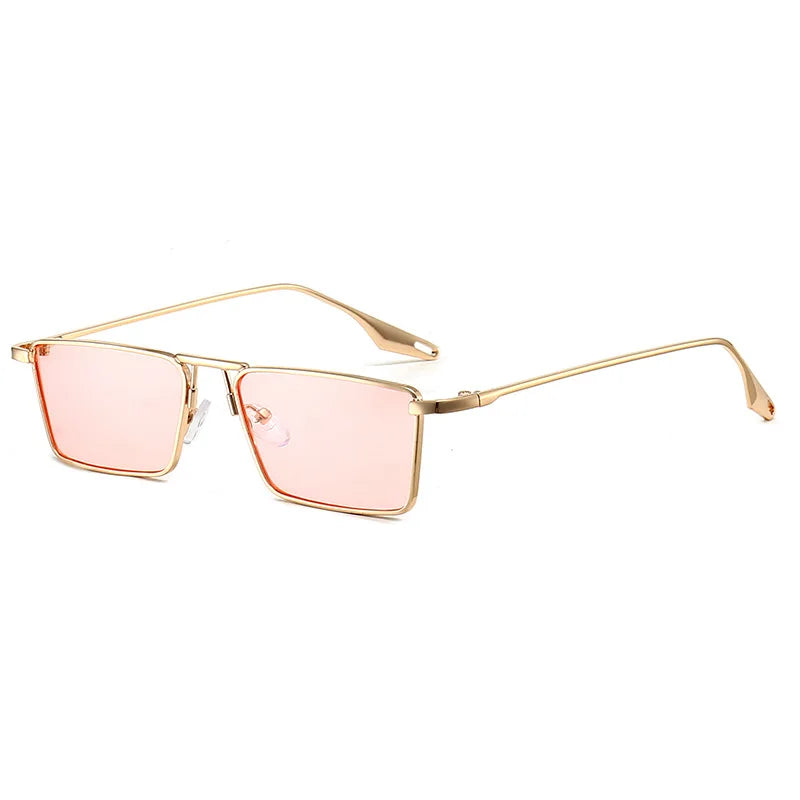 Avalon Sunglasses feature gold frames and rectangular lenses with a modern, minimalist design. The thin arms and pink-tinted lenses add a stylish touch, shown angled slightly to the right on a white background.