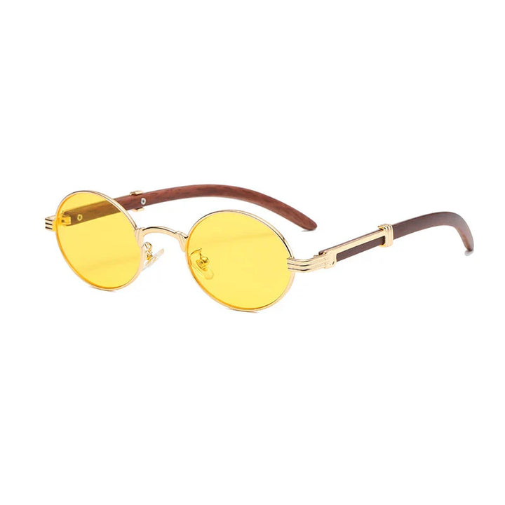 Vintage sunglasses featuring yellow-tinted lenses, a gold metal frame, and brown curved arms offer UV400 protection. These Nautical Shades are displayed on a white background for a timeless look.