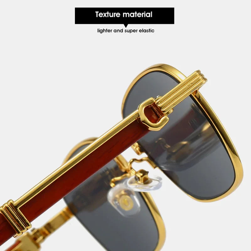 Close-up of Square retro sunglasses with gold metal frames, dark lenses, and brown temple arms. The image highlights the texture, UV protection, and elastic nose pads under a label reading Texture material: lighter and super elastic.