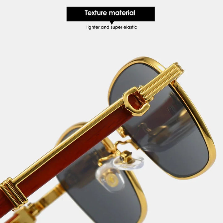 Close-up of Square retro sunglasses with gold metal frames, dark lenses, and brown temple arms. The image highlights the texture, UV protection, and elastic nose pads under a label reading Texture material: lighter and super elastic.