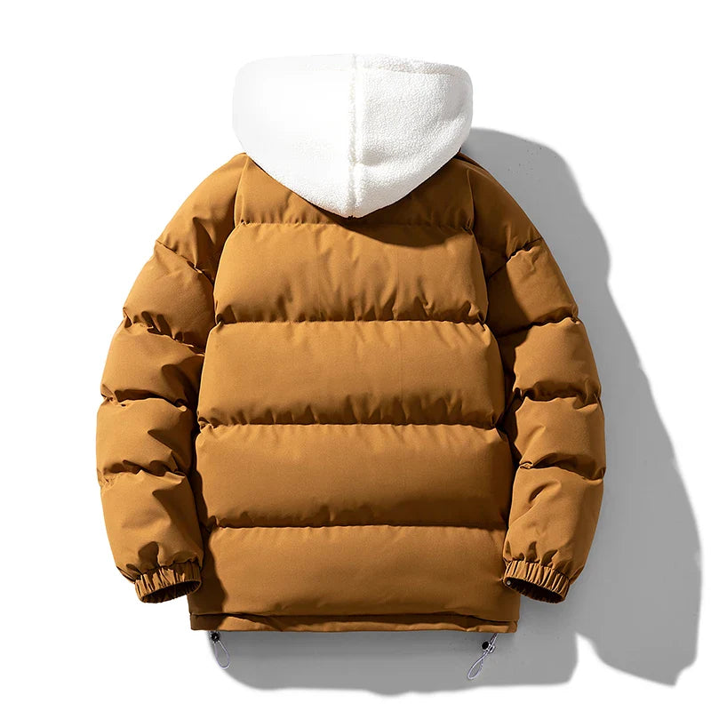 Brown puffer jacket with a white fleece hood, viewed from the back. The jacket features premium insulation, elastic cuffs, and a drawstring hem, displayed against a plain white background.