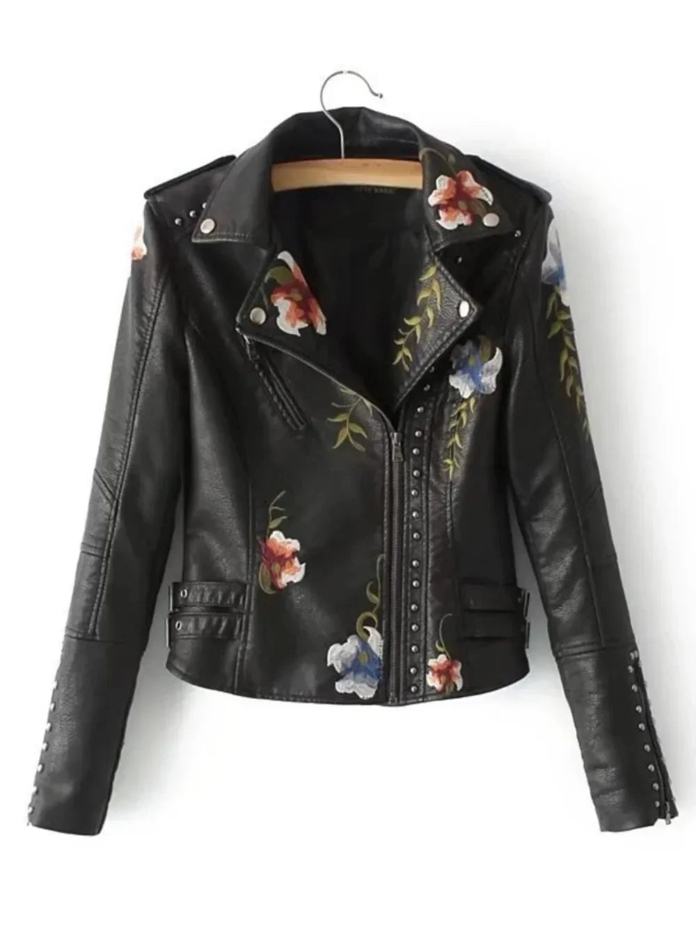 A black PU Leather Jacket with silver studs and colorful floral embroidery on the front, shoulders, and sleeves, displayed on a hanger against a white background—an Embroidered Moto Jacket perfect for biker streetwear style.