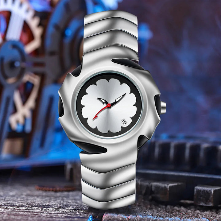 A futuristic, scratch-resistant stainless steel watch with a wavy metallic band and a white clover-shaped face, displayed in front of blurred gears and machinery.