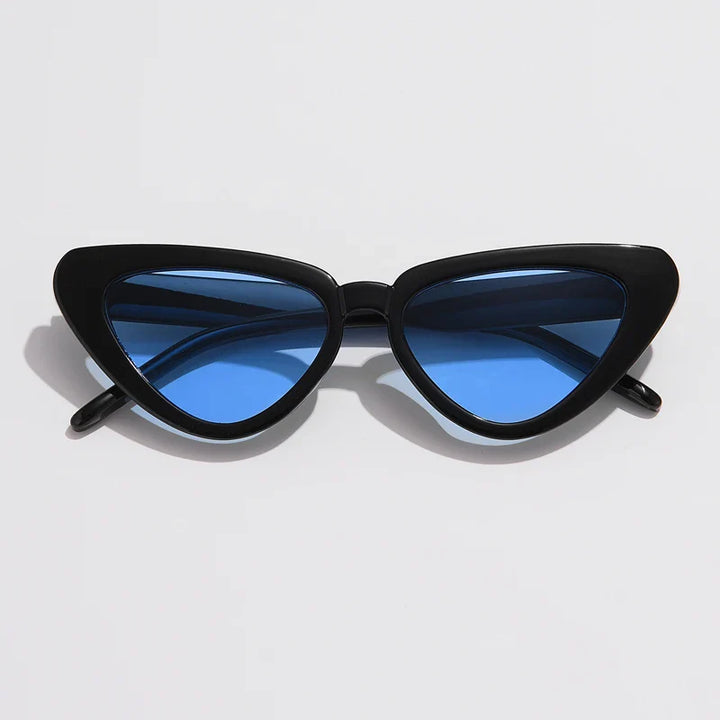 A pair of black cat-eye sunglasses with thick frames and blue-tinted lenses, offering UV400 sun protection, is displayed against a plain white background.