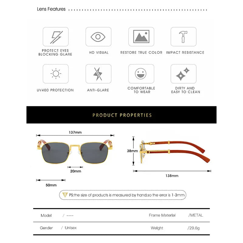 Infographic of black and gold square retro sunglasses with red arms. Features icons for UV protection, anti-glare, comfort, easy cleaning, impact resistance. Includes detailed measurements and info on wooden and metal frames for unisex use.