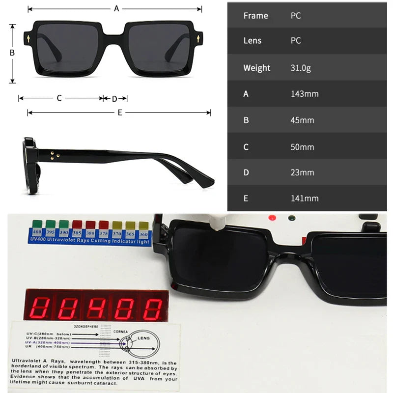 Black rectangular retro sunglasses shown from front and side angles with measurement details. Chart displays frame and lens material (PC), dimensions, weight (31g), and UV400 protection test with meter reading and explanation card.