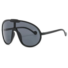 Black wraparound sunglasses with large, dark-tinted lenses and a curved frame, featuring a sleek, modern design and thin arms—perfect oversized sunglasses with UV400 protection for outdoor activities.