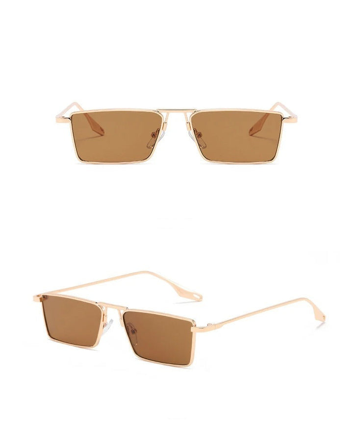 Two views of Avalon Sunglasses with thin gold frames and brown rectangular lenses, shown from the front (top) and at an angle (bottom) on a white background.