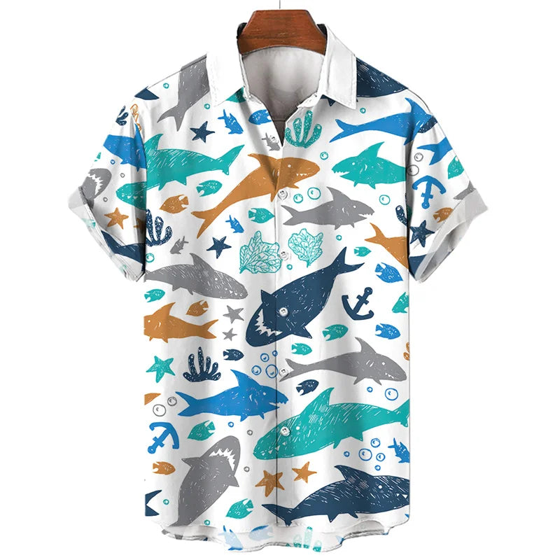 Short-sleeve, button-up shirt with a white background featuring a summer-ready, ocean-inspired pattern of sharks, anchors, seaweed, bubbles, fish, starfish, and crowns in blue, teal, orange, and gray.