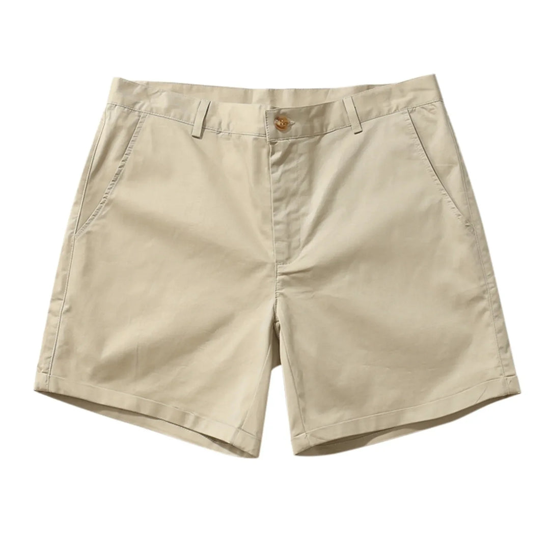 Beige khaki shorts with a tailored fit, front pockets, belt loops, and a button closure, laid flat on a white background.